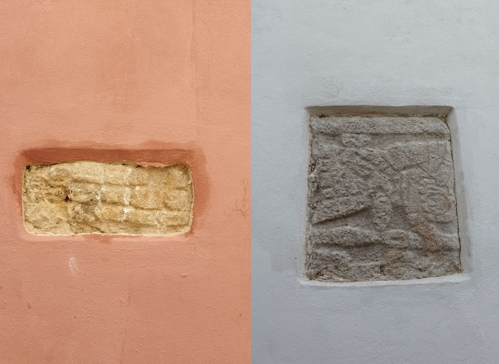 Ancient carved stones have been left purposefully exposed by archaeologists on the facade of Pisté’s chapel. Photo: Carlos Rosado van der Gracht / Yucatán Magazine