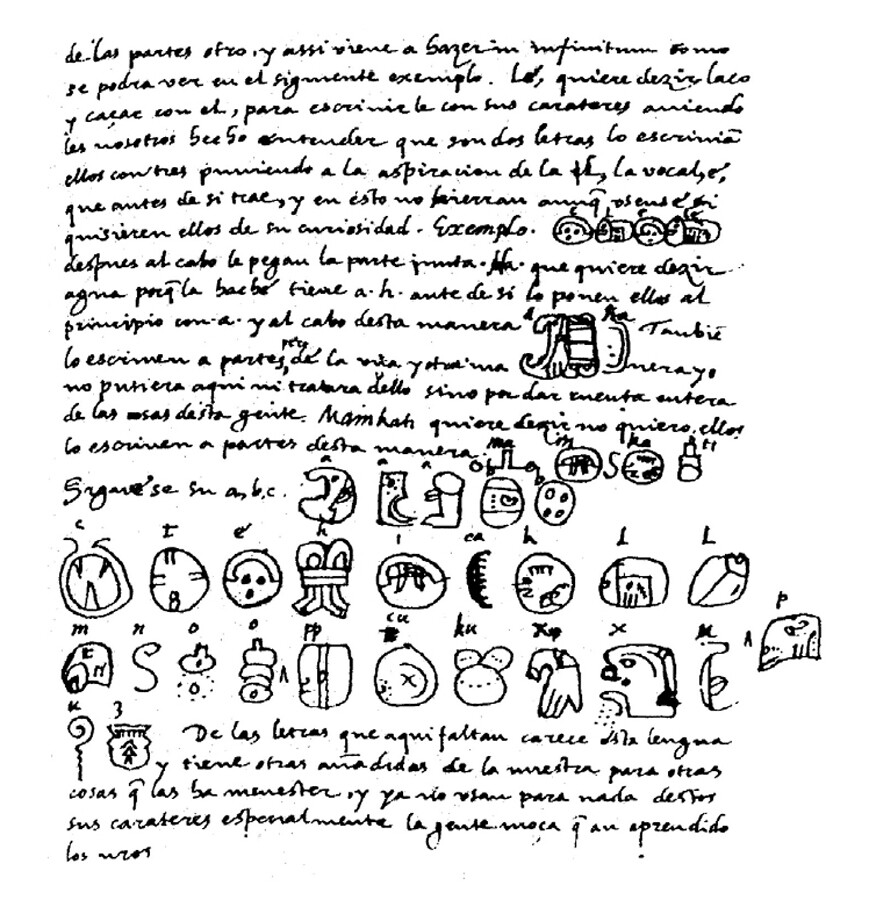 A page from Diego de Landa's manuscript, Relacion de las Cosas de Yucatan, in which he describes the famous 